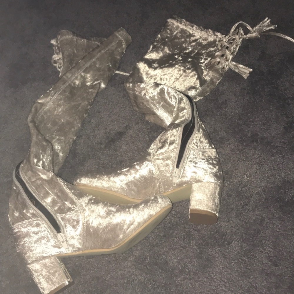 Crushed White Velvet Lace Up Over The Knee Boots